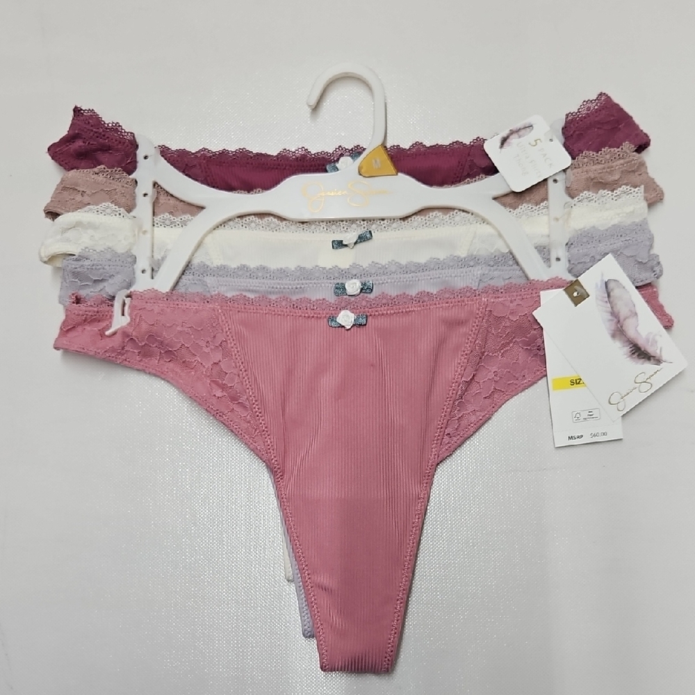 Jessica Simpson Woman's Lace Trim Thong Set - Pink, Purple